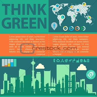 Think Green Vector illustration with downtown and infographics