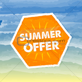 summer offer in orange label over sea background