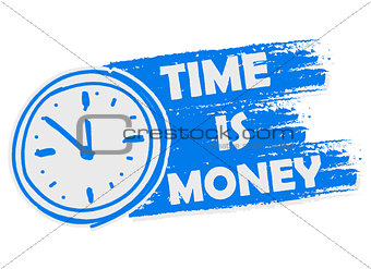 time is money with clock, blue drawn banner with sign