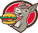 Donkey Mascot Serving Hamburger Oval Retro