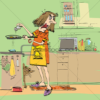 Angry woman cooking in the kitchen