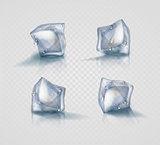 Set of four transparent ice cubes in light blue colors with drops