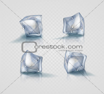 Set of four transparent ice cubes in light blue colors with drops