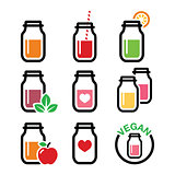 Healthy smoothie drink, juice in jar icons set