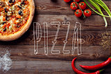 Italian pizza with tomatoes on a wooden table, top view, close-up