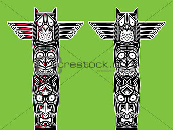 indian totem carved owl and scary faces