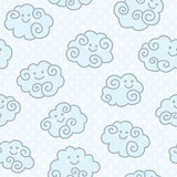 Seamless pattern with funny cartoon clouds on blue peas background.