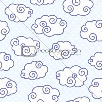 Seamless pattern with funny clouds on dotted light blue background.