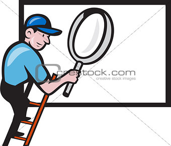 Worker Ladder Magnifying Glass Billboard Cartoon