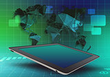 tablet and world map on an abstract background.