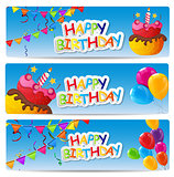 Color Glossy Happy Birthday Balloons and Cake Banner Background 