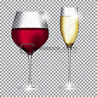Glass of Champagne and Wine on Transparent Background Vector Ill