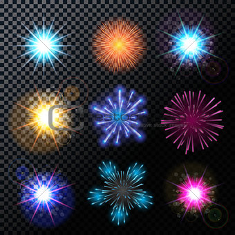 Vector Illustration of Fireworks, Salute Set on a Transparent Ba
