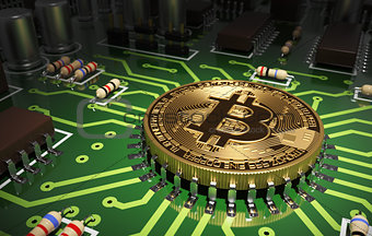 Concept Of Bitcoin Like A Computer Chip On Motherboard