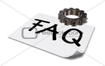 the word faq on paper sheet and gear wheel - 3d rendering