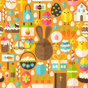 Happy Easter Holiday Vector Flat Orange Seamless Pattern