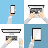 Set of flat hand icons with various communication devices