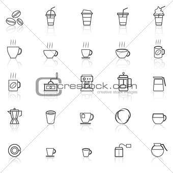 Coffee line icons with reflect on white