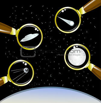 Set of space objects. Ufo, moon, satellite, meteor. EPS10 vector illustration