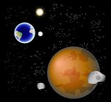 Abstract background with Mars, its satellites, earth, moon and sun. EPS10 vector illustration