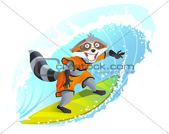 Joyful surfer raccoon. Summer holidays at sea. Animal surfboarder