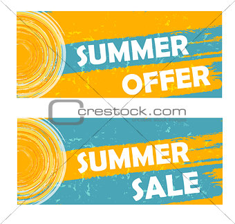 summer offer and sale with sun sign, drawn banners