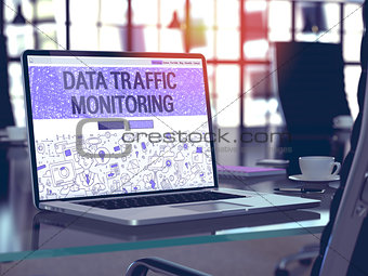Data Traffic Monitoring on Laptop in Modern Workplace Background.