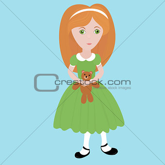 cute cartoon  little girl with orange hair wearing green dress holding small  teddy bear.  Happy child.