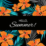 Summer tropical hawaiian background with palm tree leaves and exotic flowers