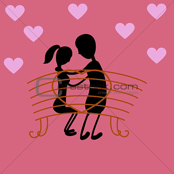 Happy valentine day couple sitting on bench, romantic relationship illustration