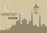 Creative greeting card design for holy month of muslim community festival Ramadan Kareem with moon and hanging lantern, stars on beige background