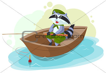 Raccoon in boat fishing. Scout fisherman