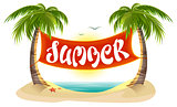Summer rest. Tropical palm trees, sea, beach. Summer lettering text banner