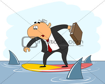 Businessman riding surfboard