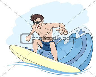 Young guy riding surfboard