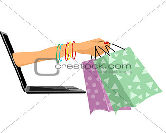 Laptop and hand with bags