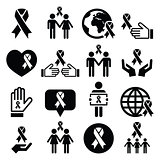 Awareness ribbons with people - black vector icons set