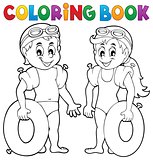 Coloring book boy and girl swimmers