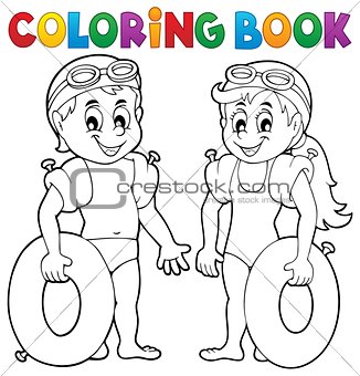 Coloring book boy and girl swimmers