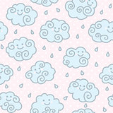 Seamless pattern with funny cartoon clouds on pink peas background.