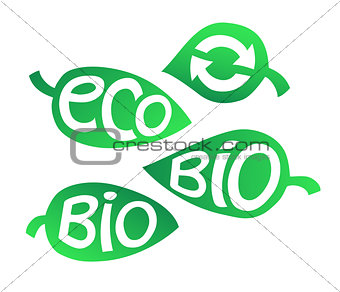 Hand drawn set of Eco labels. Ecology Inscriptions on leaf.