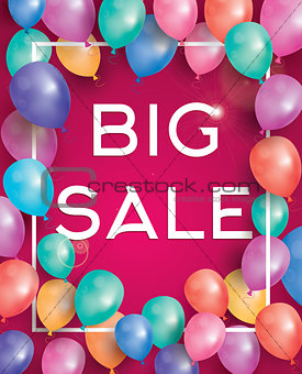 Big sale poster on red background with flying balloons and white