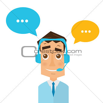 Man with headsets and colorful speech bubbles in call center. 
