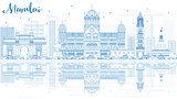 Outline Mumbai Skyline with Blue Landmarks and Reflections. 