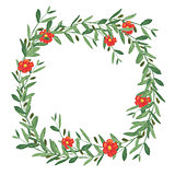 Watercolor olive wreath with red flower. 