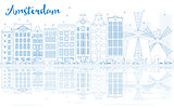 Outline Amsterdam skyline with blue buildings and reflections. 