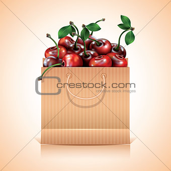Many cherries in the paper bag.