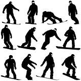 Set black silhouettes  snowboarders on white background. Vector 