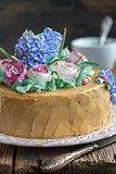 Cake with cream flowers from close up.
