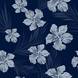 Tropical seamless monochrome blue indigo camouflage background with leaves and flowers